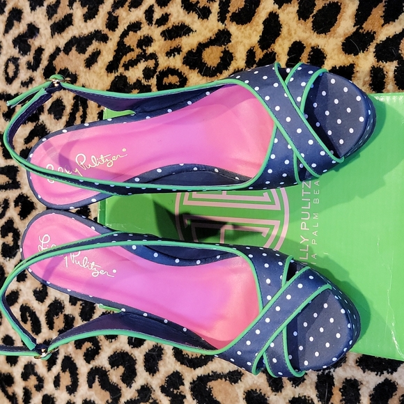 NWT NIB Lilly Pulitzer Navy Polka Dot Wedge Platform Slingback size 8 - Picture 2 of 6